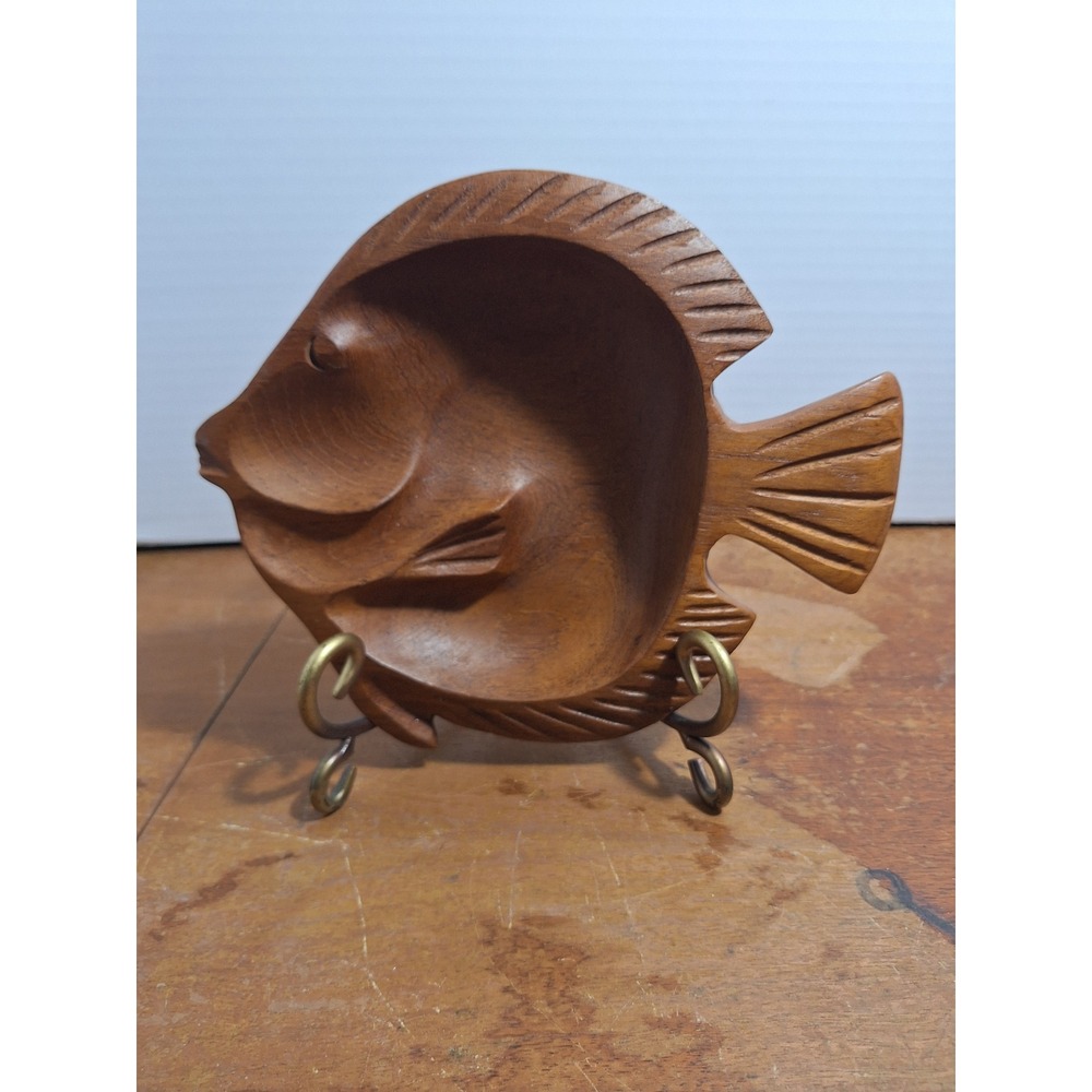 Vintage Hand Carved Wooden Fish Bowl Catchall Dish Wall Hanging Tropical Decor